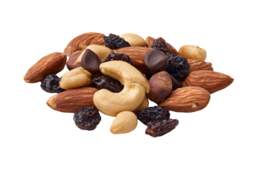 Closeup of a nutritious trail mix with almonds, cashews, raisins, and chocolate drops on a transparent background vector Concept of healthy snack, energy boost, and balanced diet