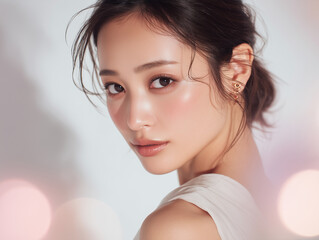 艶肌が美しい若い女性のポートレート（白背景）