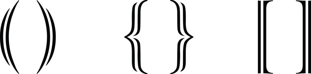 Text brackets icon set. Black quotation marks. Curly braces, double symmetric and angle. Vintage typographic symbol calligraphic quote frame. Doodle, element lettering. Vector for punctuation maths.