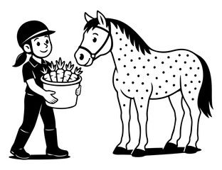 A girl carries a bucket of carrots to a horse