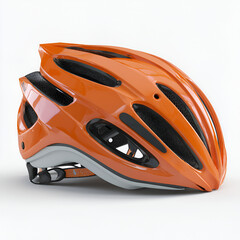 A vibrant orange bicycle helmet with a sleek, aerodynamic design isolated on a white background.
