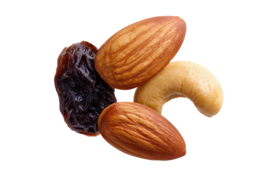 Closeup of Almonds, Cashew, and Raisin Mix on a Transparent Background Vector for Healthy Snacking and Trail Mix Ingredients