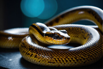 Obraz premium A close-up view of a snake resting on a table, ready to strike