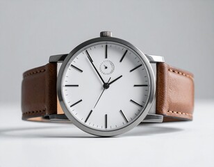A stylish watch with a white dial and brown leather strap, embodying simplicity and elegance.