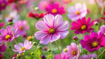 Obraz premium Close up of cosmos flowers blooming in a garden with vibrant colors and delicate petals unfolding , in, garden, in,garden,cosmic