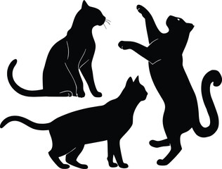 Vector illustration of three black cat silhouettes in various natural poses . Ideal for pet-themed graphics, logo design, animal icons, or modern minimalist decor.