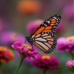 Fototapeta premium Monarch Butterfly on Pink Zinnia Flower in Garden