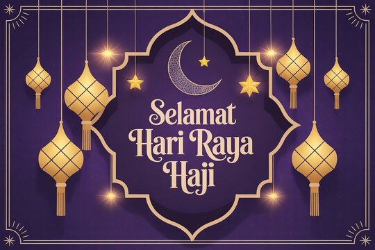 Illustration of selamat hari raya haji with lanterns, stars, and crescent moon design