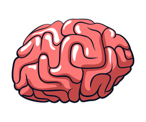 Pink cartoon brain with rounded folds, isolated on white background. Human brain in simplified comic style, clean and colorful illustration for medical, educational, and technology use.
