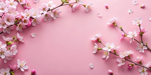 Naklejka premium Cherry blossom flat lay on pink background, botanical, food, botanical, food, garden, food styling, floral, organic, still life