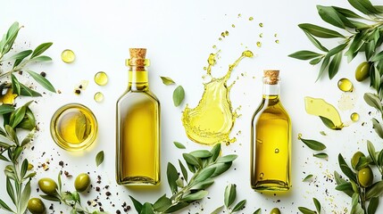 Set of Olive Oil Bottles, Olive Branches, and Splash of Olive Oil, Isolated on Transparent Background
