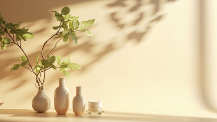 Minimalist still life arrangement featuring skincare products and foliage with soft shadow effect
