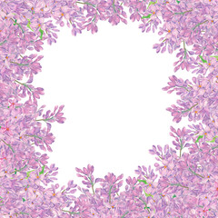 Watercolor square frame with copy space. Lilac with green leaves on white background. Watercolor lilac for wedding invitation. Square template for save the date, perfume or cosmetics design