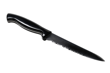 Serrated paring knife with black handle on a transparent background vector, ideal for kitchenware design and culinary illustration