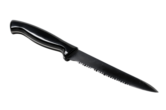 Serrated paring knife with black handle on a transparent background vector, ideal for kitchenware design and culinary illustration