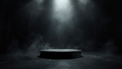 Dramatic circular stage illuminated by spotlights in a dark and moody atmosphere with smoke and particles