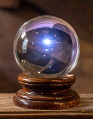 A crystal orb on a dark wooden base gently reflects light, evoking mystery.