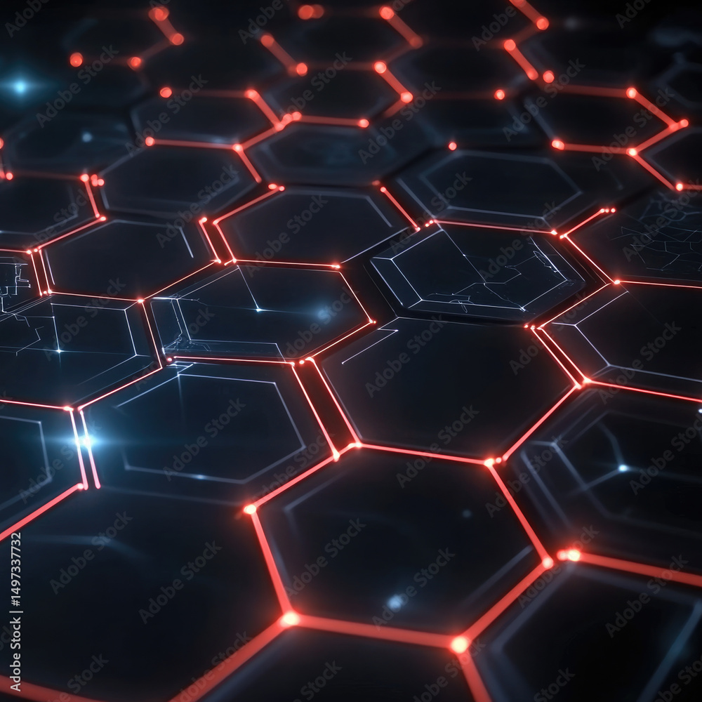 Poster futuristic hexagon pattern, glowing red lines, dark background, digital technology, abstract modern 