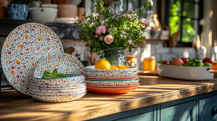 Vibrant floral patterned tableware on a rustic kitchen counter, bathed in sunlight.  A stack of bowls and plates with oranges nearby.