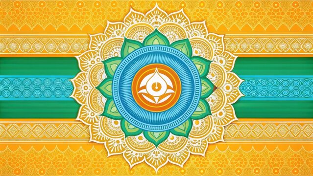 Horizontal stripes of saffron, white and green with blue chakra background