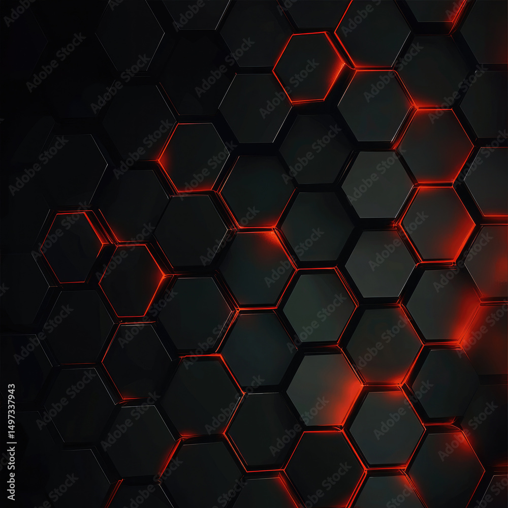 Poster Dark hexagon pattern with glowing red edges, futuristic abstract background, modern digital style