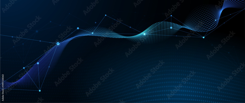 Fototapete Abstract internet network connection design for web site. Digital data, communication, science and futuristic concept. Vector molecule, Network Connected lines with dots, technology on blue background