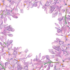 Fototapeta premium Lilac flower on white background. Watercolor square frame with copy space. Spring hand-drawn purple flower for wedding celebration card. Botanical summer art for wrapping and wallpaper.