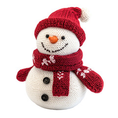 A cheerful snowman with a red hat and scarf, A joyful snowman adorned with a red hat and scarf, isolated on transparent background