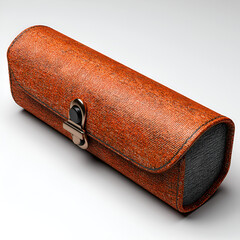 Modern textured orange eyeglass case with a metal clasp rests on a clean white background.