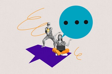 Sketch image artwork 3D photo collage of ahed man hold watergun lady sit work laptop talk chat speech cloud dialog summer voyage holiday