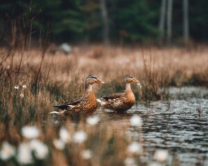 Two Brown Ducks in a Calm Autumn Wetland