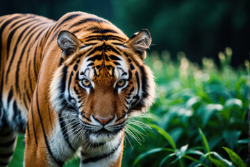 Obraz premium A tiger walking through a lush green field, looking around