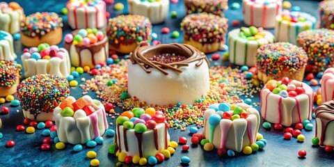 Obraz premium Sparkling marshmallow treats are surrounded by a halo of colorful candy bits and chocolate drips in a whimsical dessert setting, marshmallow, sweet treats