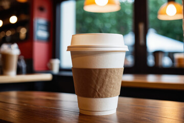 A coffee cup sits on top of a wooden table, simple and straightforward