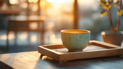 Serene morning tea in a rustic cup, bathed in warm sunlight. Perfect for relaxation and mindfulness.