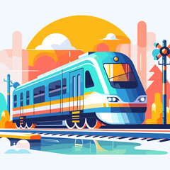 Modern train traveling on railway under colorful sunset background  