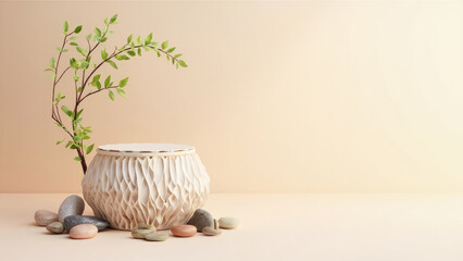 Fototapeta premium Elegant ceramic vase with greenery and pebbles on a minimalist beige background for product display