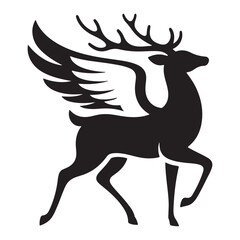 A logo style deer silhoutte illlustration with wings in white backraund