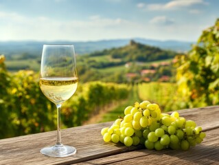 A glass of white wine and a bunch of green grapes rest on a wooden table, with a vineyard, rolling hills, and a clear blue sky creating a scenic backdrop.