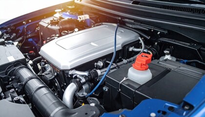 Fototapeta premium Detailed View of a Modern Car Engine Compartment Detailing Components, Systems