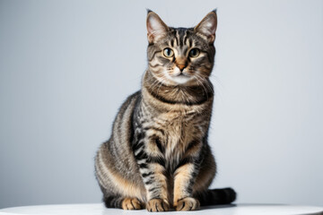 A domestic cat sitting comfortably on the rim of a toilet seat, with a calm expression