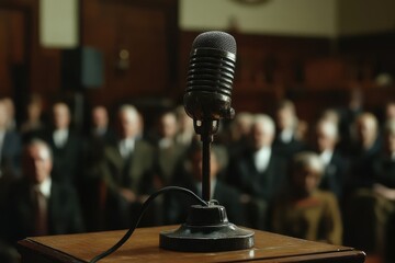 Vintage microphone in courtroom setting, people blurred background. Perfect for legal, historical, or speech related presentations.