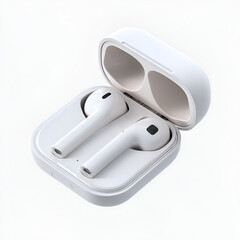A sleek, modern design showcases open wireless earbuds case with earbuds inside, on white backdrop.