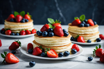 Fresh pancakes topped with sweet strawberries and blueberries, perfect for breakfast or brunch