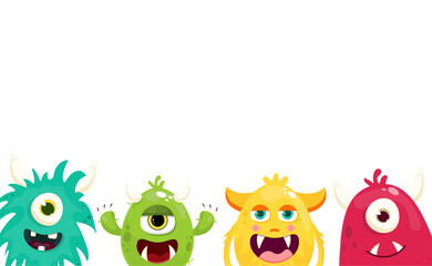 Monster's banner with peep out monsters. Vector illustration. 