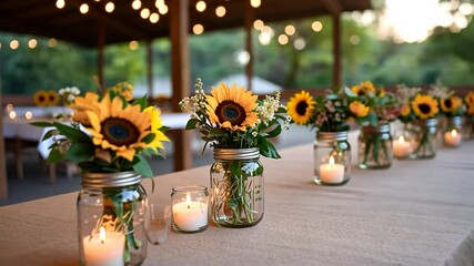 Sunflower Bouquets In Mason Jars With Lit Candles On Burlap Covered Table Under Soft Glowing String Lights - Powered by Adobe