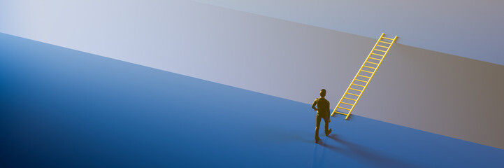 A man walking to a gap in the floor bridged by a ladder. Concept for taking risks, courage, the way forward. Web banner format