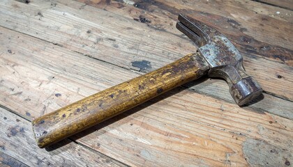 A well worn hammer with a wooden handle is placed on a weathered wooden surface.