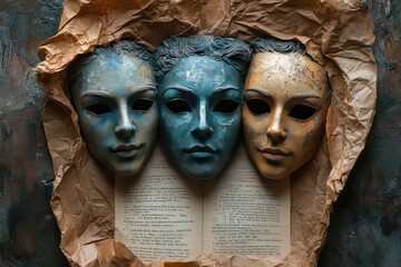 a card for a local theater production with masks and scripts