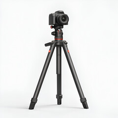 A sleek black aluminum tripod supports a digital camera against a plain white backdrop studio shot.